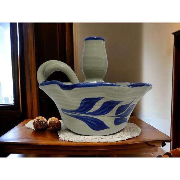 Williamsburg Pottery Finger Candle Holder Blue and Beige 5" Tall - Picture 1 of 12